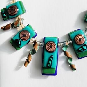 Women's Vintage Silver Art Glass & Copper Set of Necklace and Earrings Jewelry